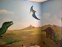 Dinosaurs in his room 
